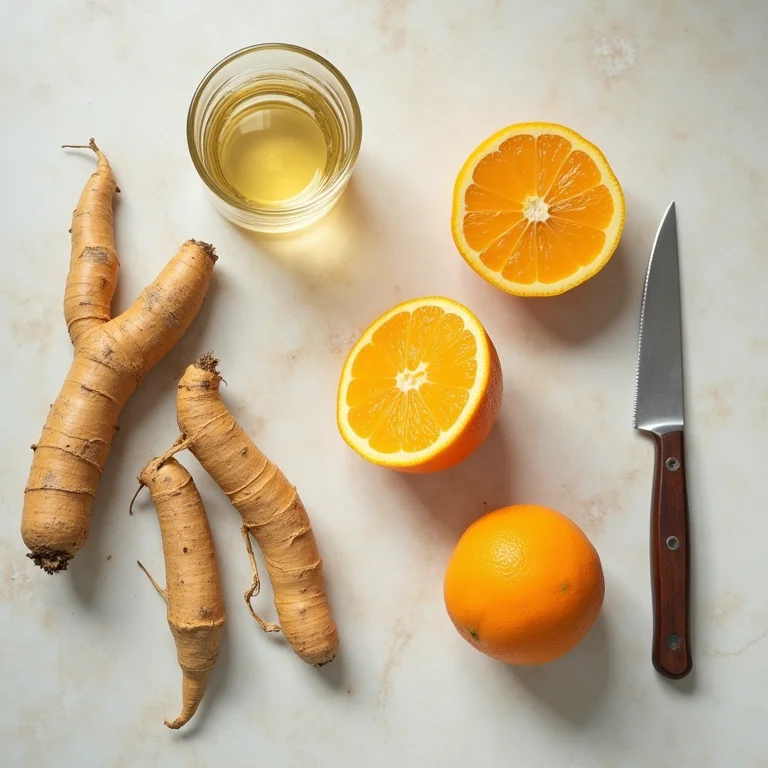 Ingredientes para o suco de açafrão com laranja.