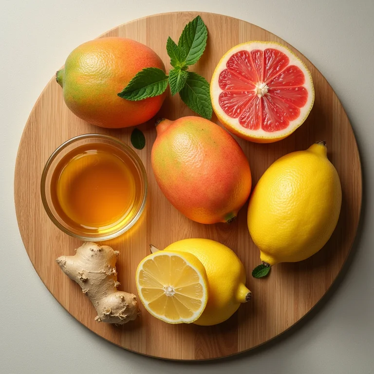 Ingredientes para suco de acerola: acerola, limão, gengibre, mel e hortelã.