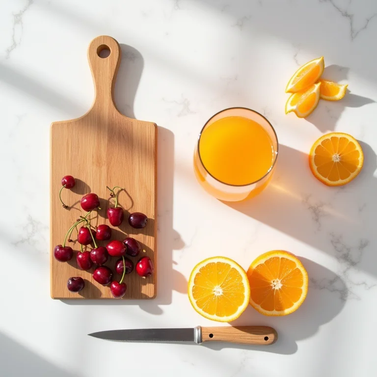 Ingredientes para suco de acerola e laranja dispostos em uma bancada