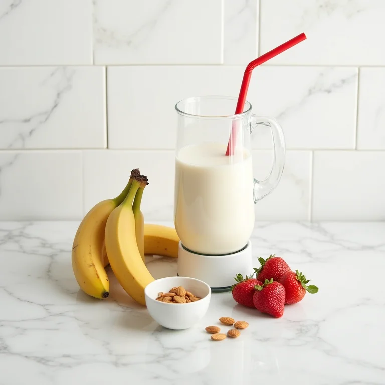 Ingredientes para suco de banana com morango dispostos em flat lay