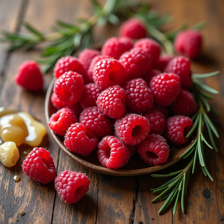 Ingredientes para suco de framboesa: framboesas, gengibre, mel e alecrim.