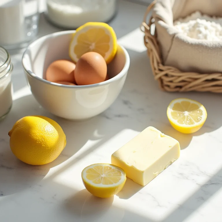 Ingredientes para torta de limão: ovos, limões, açúcar, farinha e manteiga.