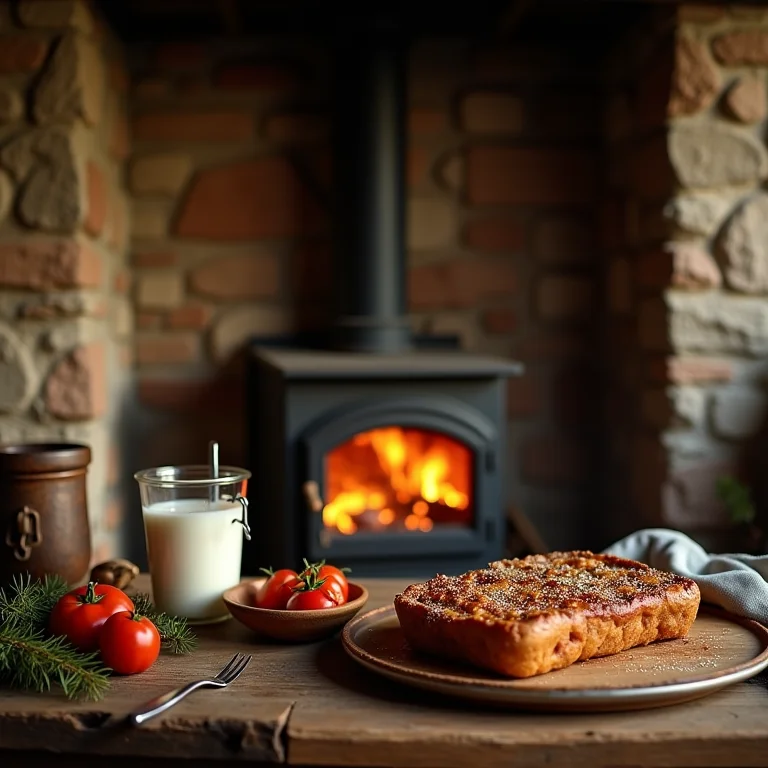 Interior de cozinha de roça com fogão a lenha aceso.