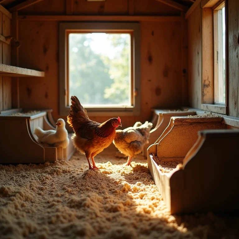 Interior de um galinheiro bem cuidado e iluminado.