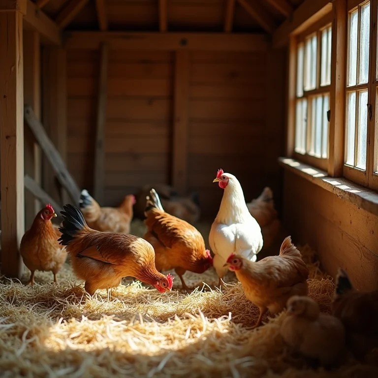 Interior de um galinheiro de madeira com galinhas