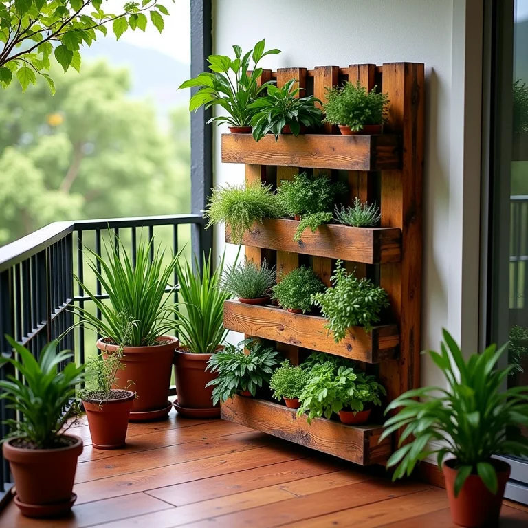Jardim vertical feito com pallets em sacada rústica
