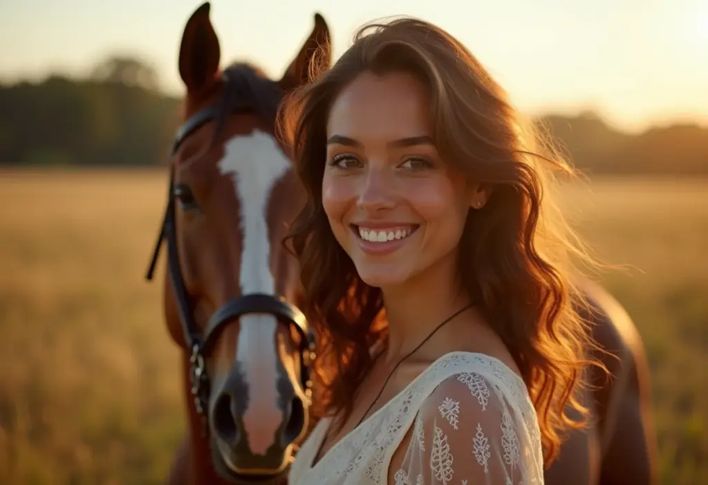 Jovem amazona brasileira sorrindo ao lado de seu cavalo.