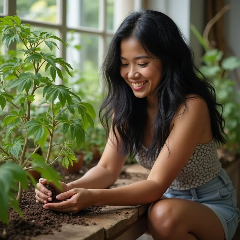 Jovem asiática-brasileira aplicando húmus de minhoca em tomateiro.