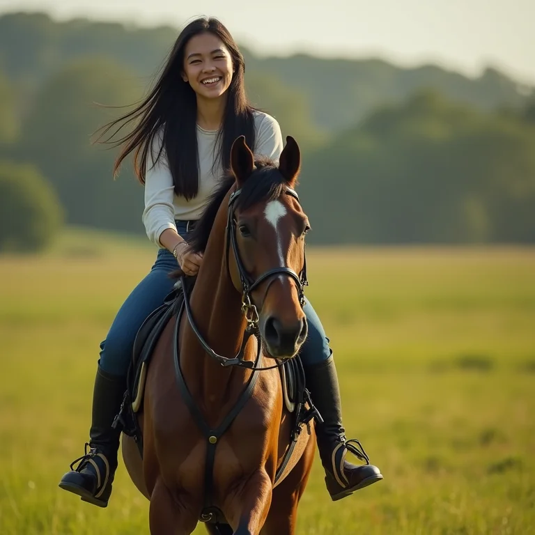 Jovem asiática-brasileira cavalgando em campo aberto