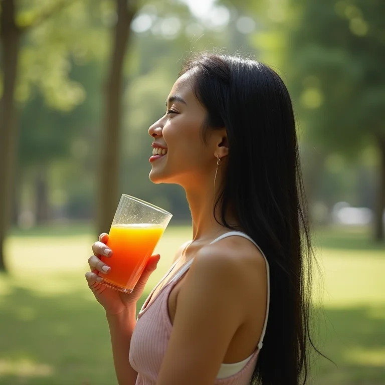 Jovem asiática-brasileira praticando ioga e bebendo suco de tamarindo.