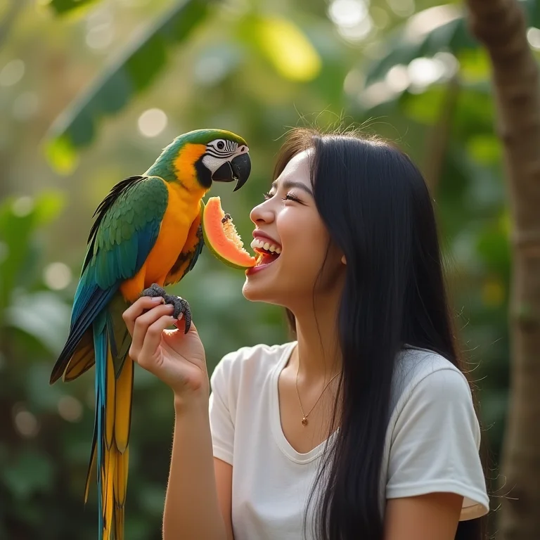 Jovem asiático-brasileira alimentando papagaio com frutas frescas