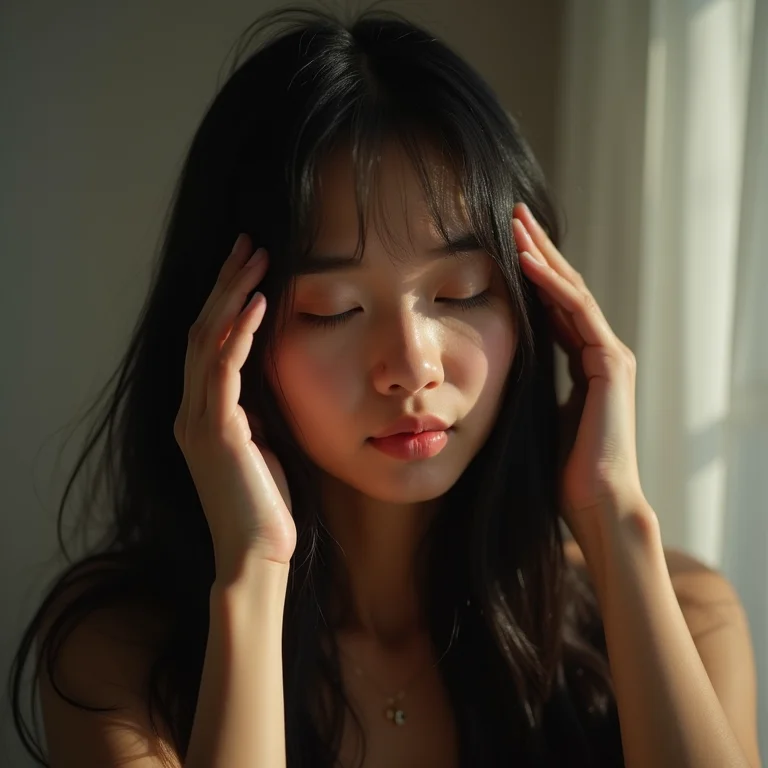 Jovem asiático-brasileira aliviando dor de cabeça com automassagem