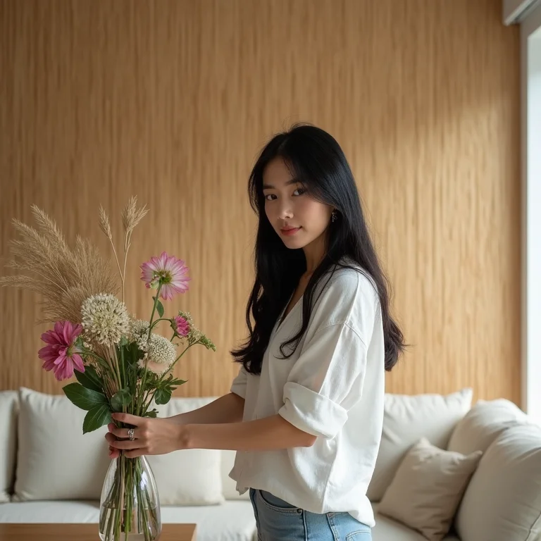 Jovem asiático-brasileira em sala com painel de palha