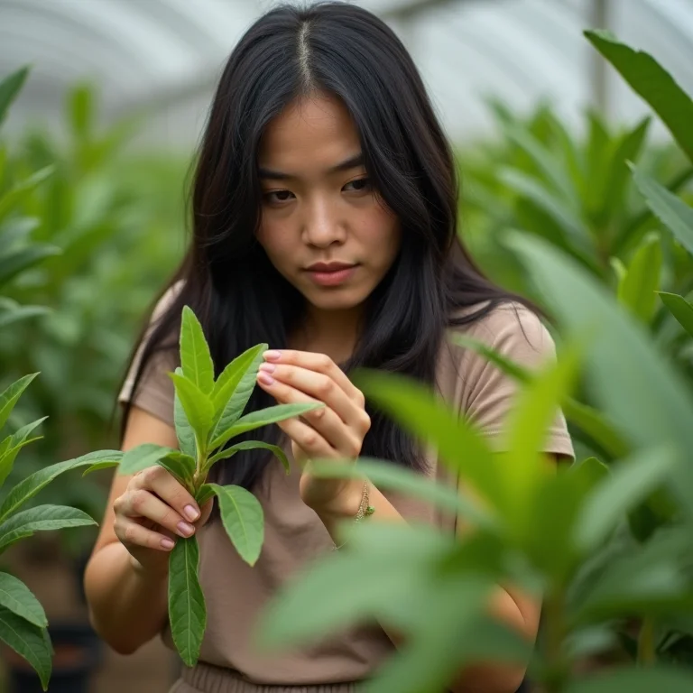 Jovem asiático-brasileira inspecionando muda de manga espada