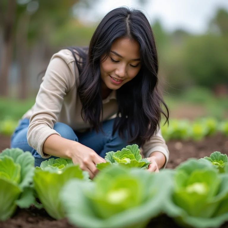Jovem asiático-brasileira plantando mudas de repolho