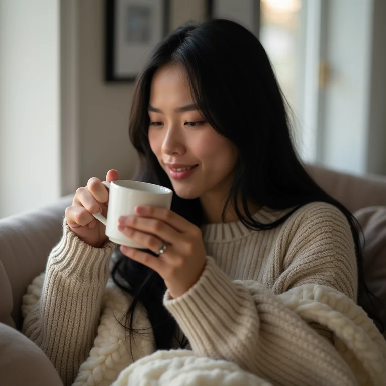 Jovem asiático-brasileira relaxando com chá de Equinácea durante resfriado.