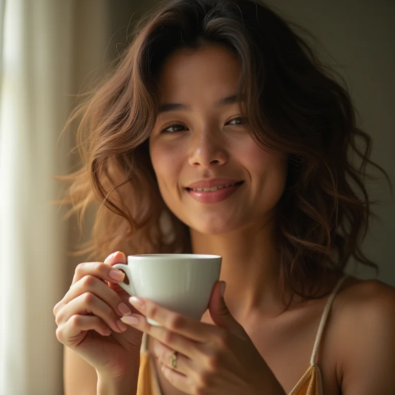 Jovem asiático-brasileira tomando chá para digestão