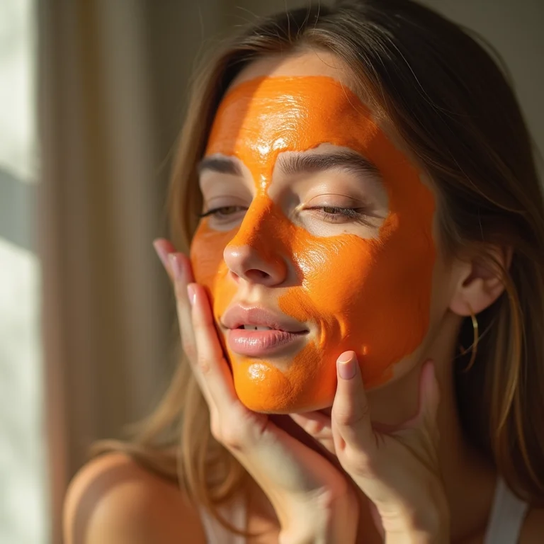 Jovem branca aplicando máscara facial caseira de cenoura e mel