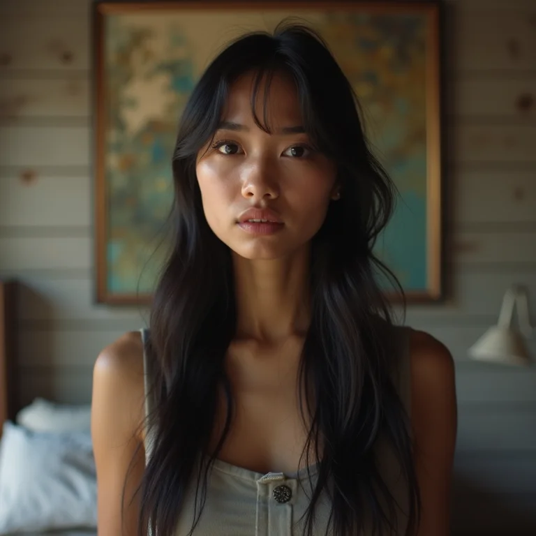 Jovem confusa em quarto rústico com muitos estilos.