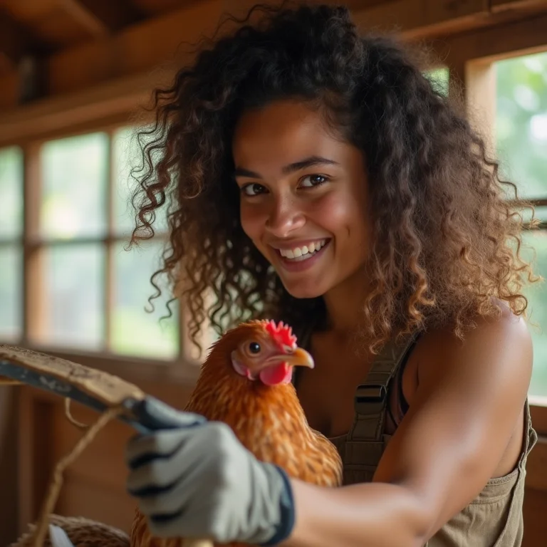 Jovem construindo um poleiro inclinado para galinhas