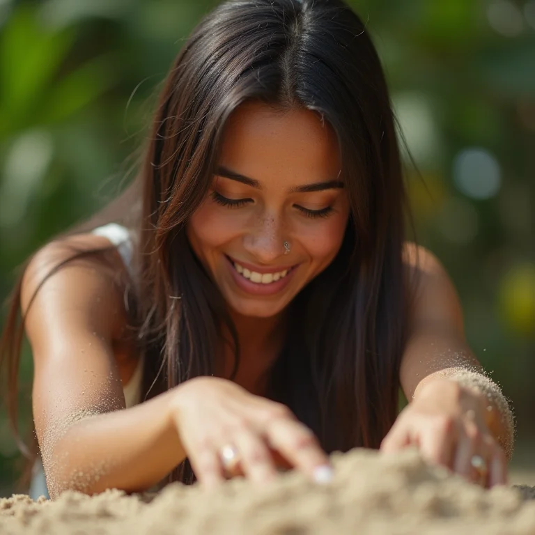 Jovem especialista demonstrando a importância da areia limpa no galinheiro.