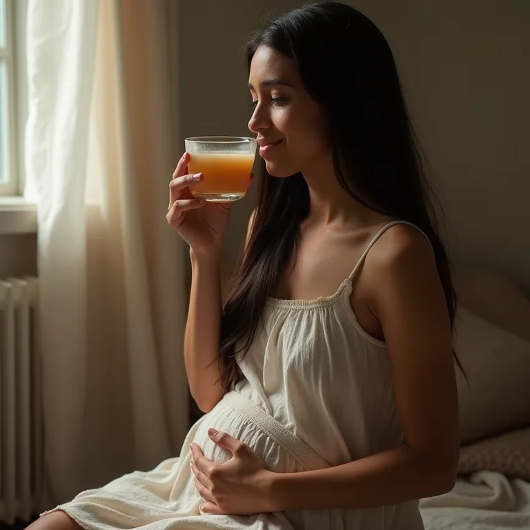 Jovem indígena aliviando cólicas menstruais com compressa e chá de baunilha.