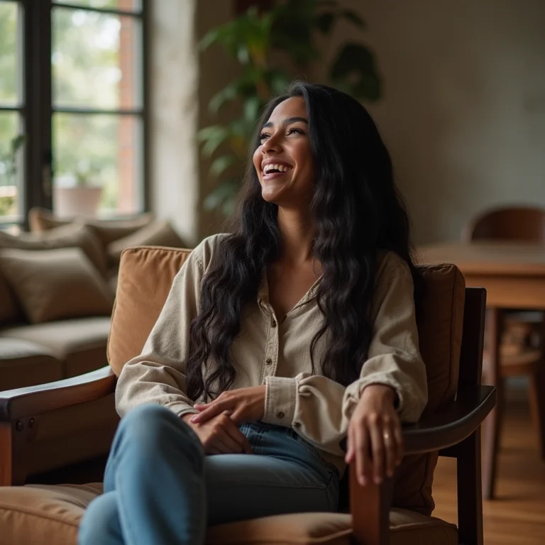Jovem mulher negra sorrindo em poltrona rústica na sala de estar
