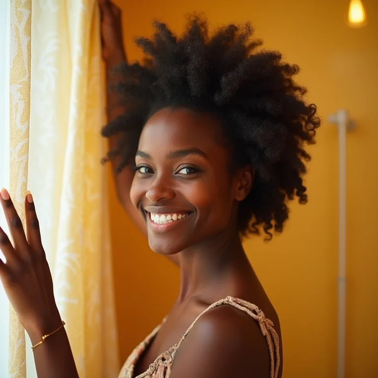 Jovem negra ajustando cortina de chita no box do banheiro