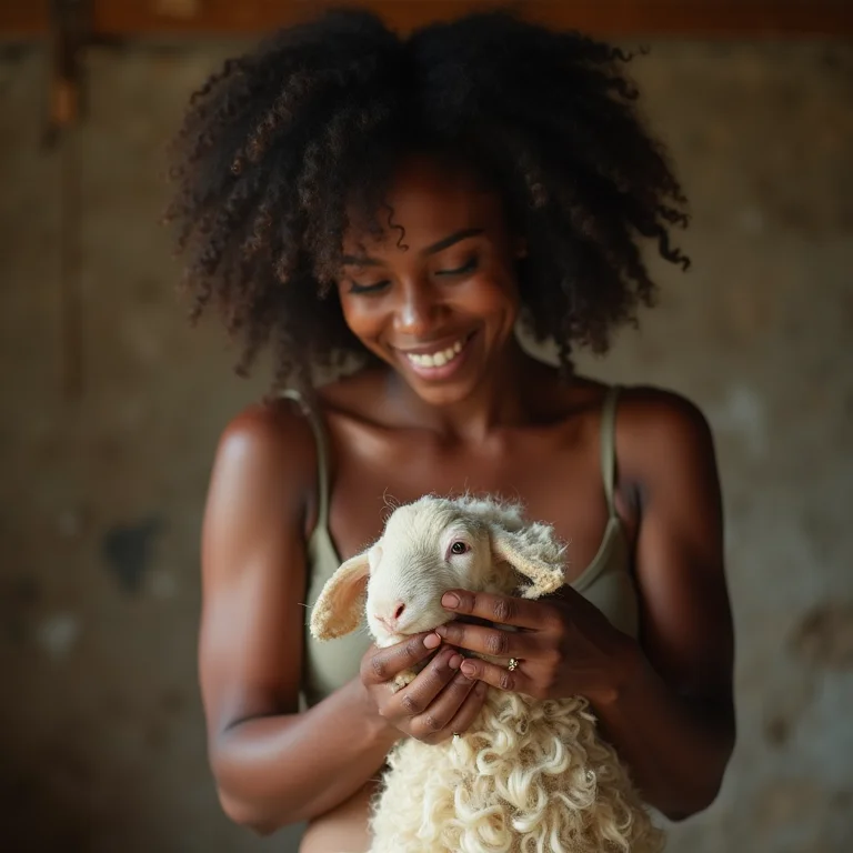 Jovem negra analisando lã recém-tosquiada.