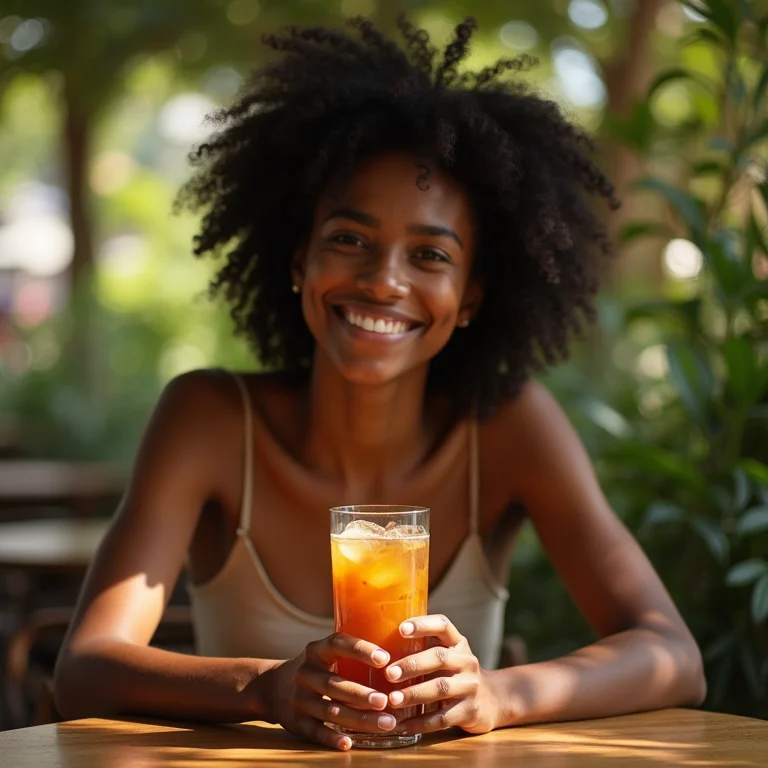 Jovem negra aproveitando chá gelado de noz moscada em café