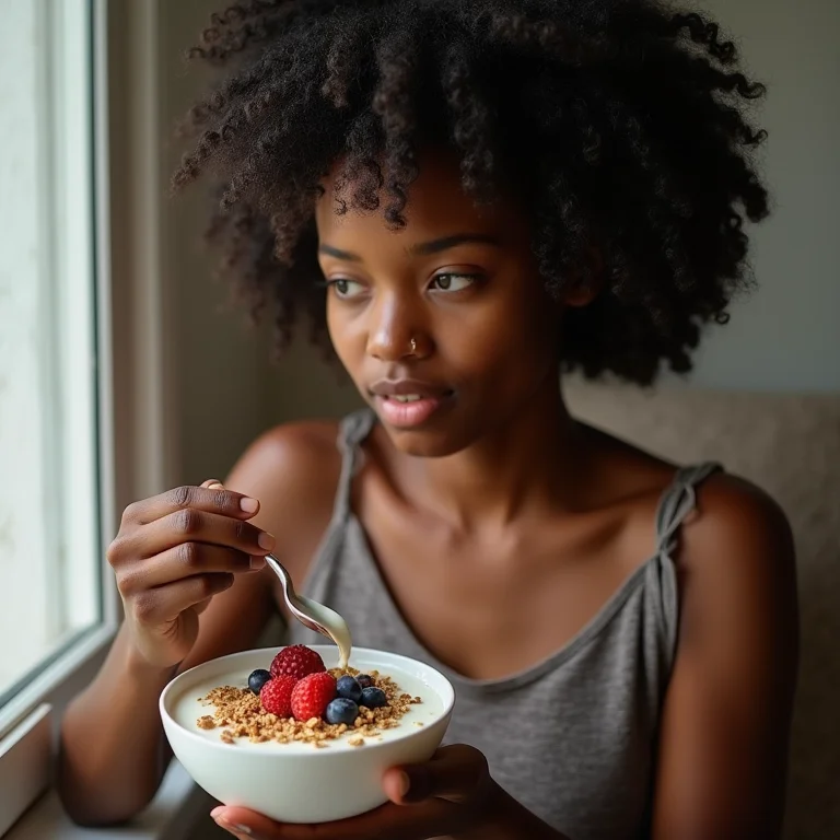 Jovem negra brasileira saboreando iogurte cremoso de leite de búfala.