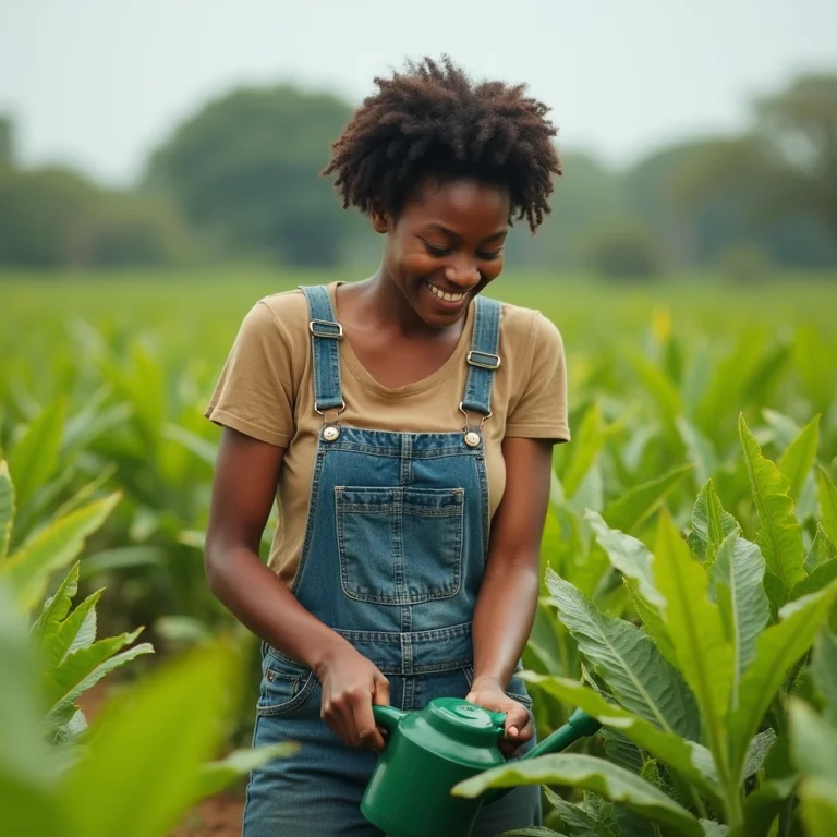 Jovem negra cuidando de plantas de urucum em plantação.