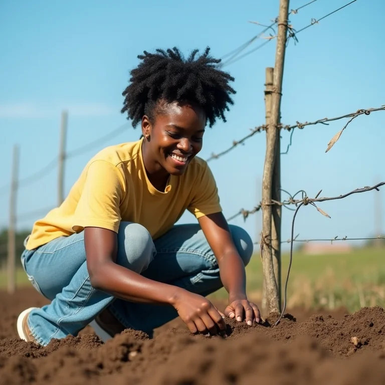 Jovem negra demonstrando aterramento correto de cerca elétrica.