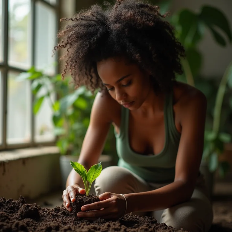 Jovem negra plantando muda de batata yacon no jardim.