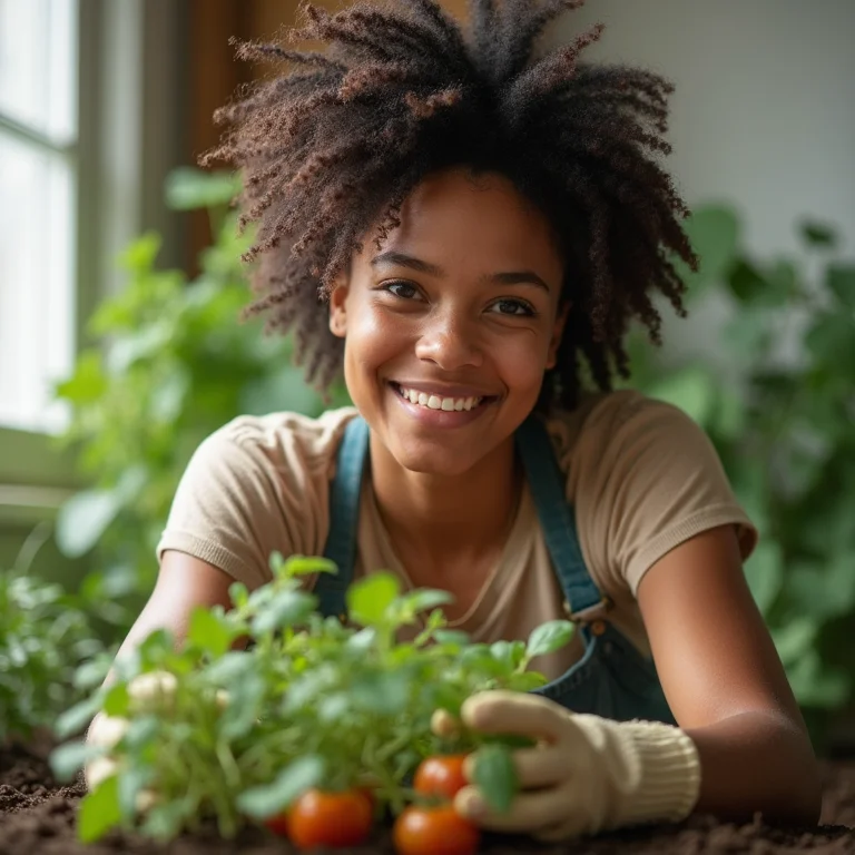 Jovem negra plantando mudas de tomate saudáveis.