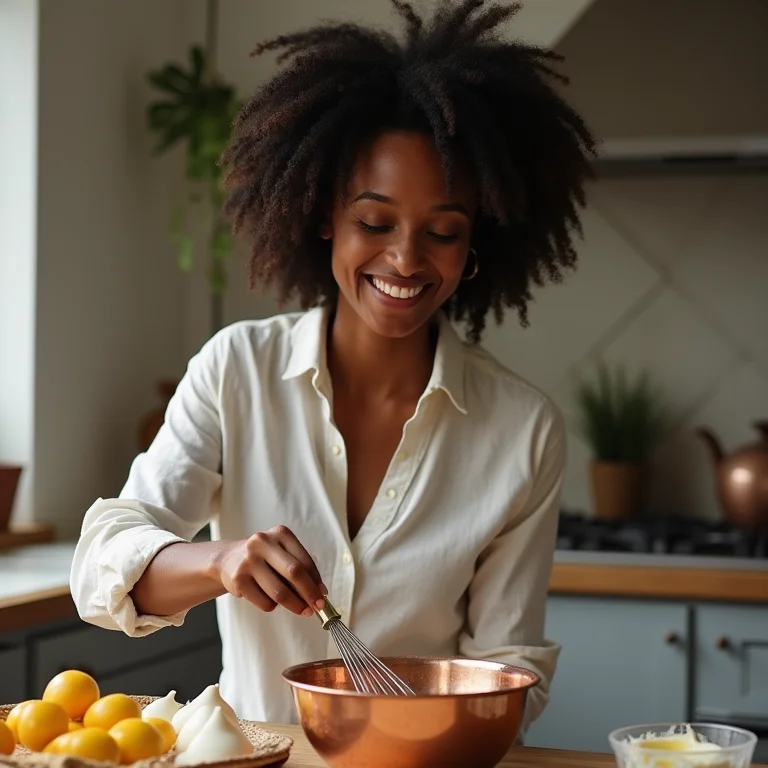 Jovem negra sorrindo ao bater claras em neve para o bolo de coco.