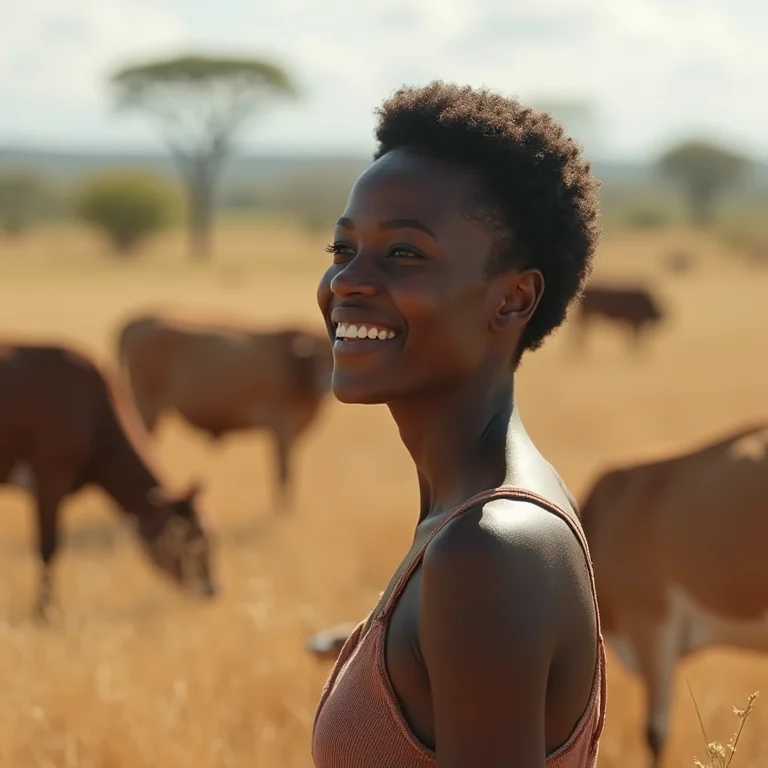 Jovem negra sorrindo ao ver gado Girolando no Sertão