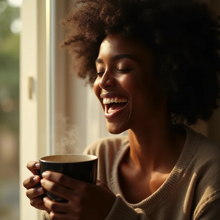Jovem negra sorrindo enquanto toma chá para aliviar o estresse