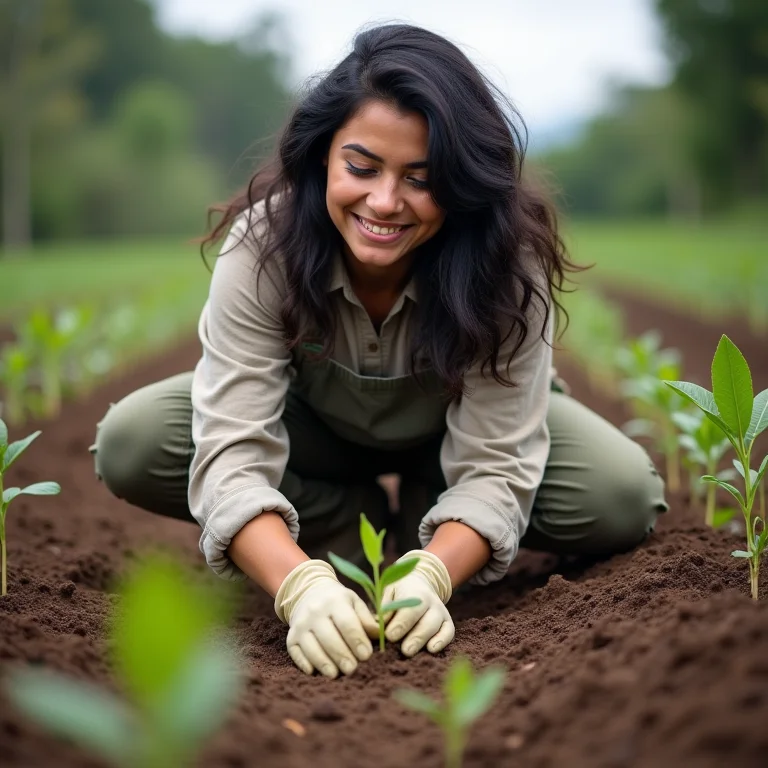 Jovem plantando mudas de café orgânico.