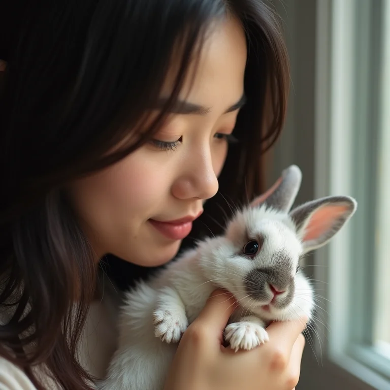 Jovem segurando filhote de coelho.