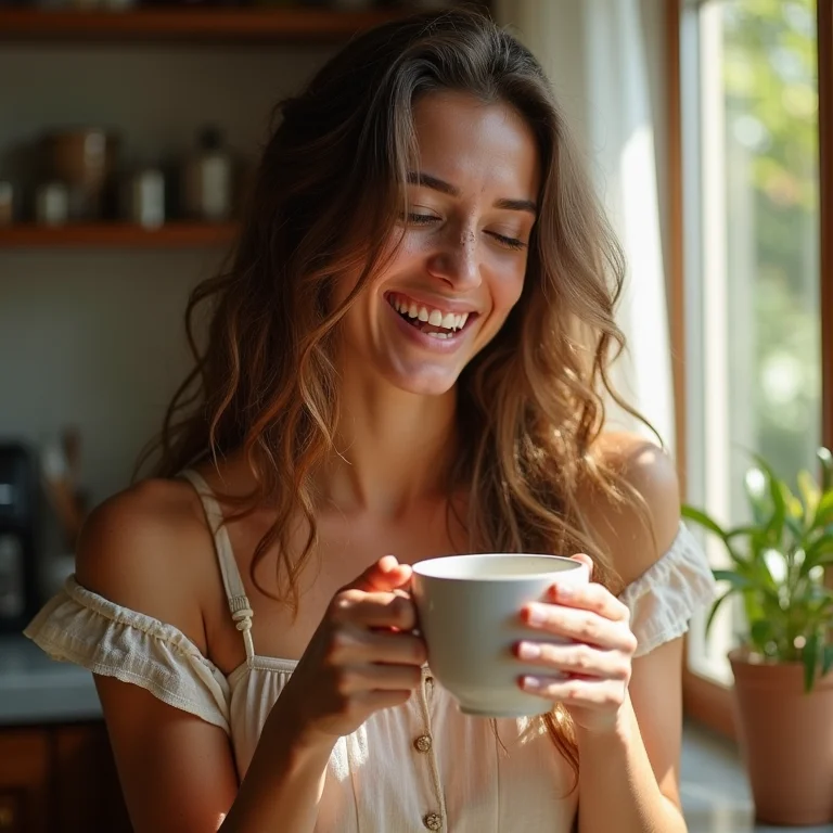 Jovem sorrindo enquanto prepara chá antioxidante na cozinha