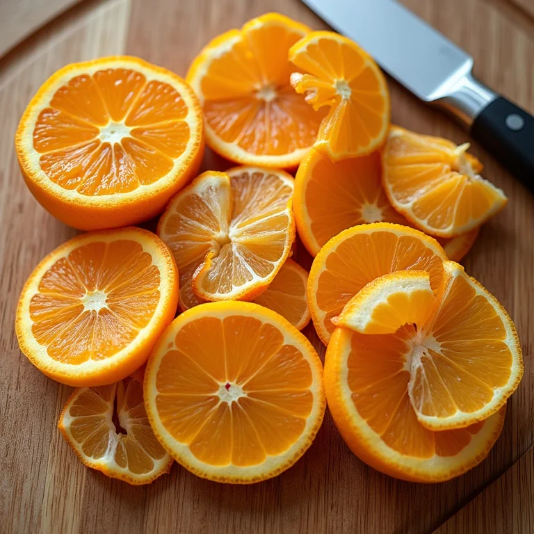 Laranjas descascadas e cortadas prontas para o preparo do doce.