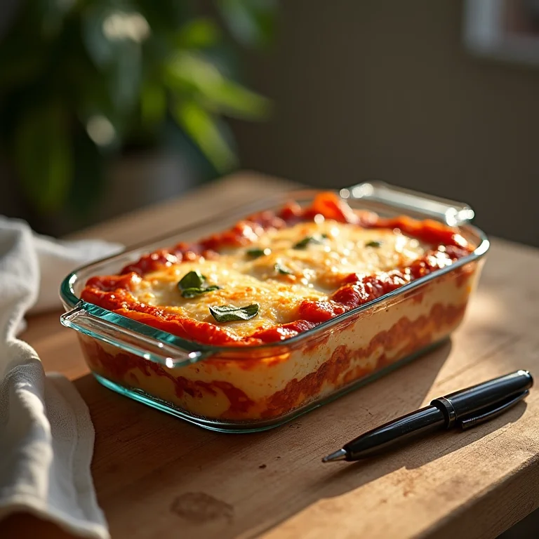 Lasanha de frango congelada em recipiente de vidro