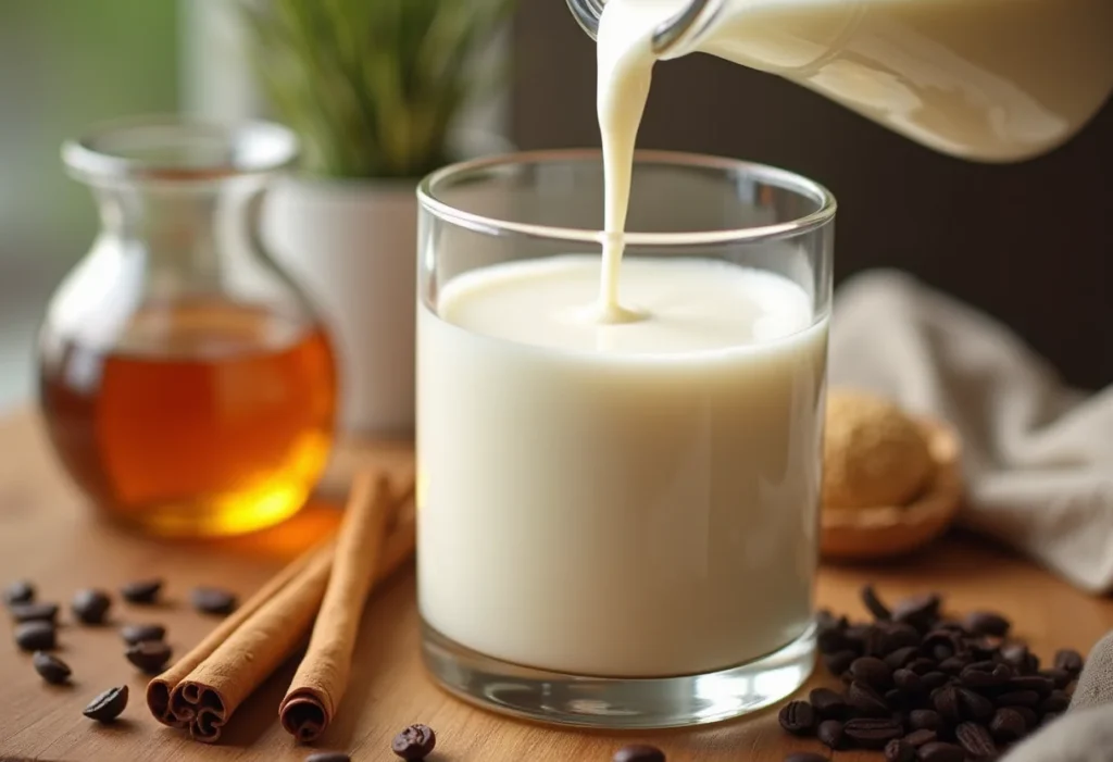 Leite de búfala sendo derramado em um copo, com ingredientes frescos ao redor.