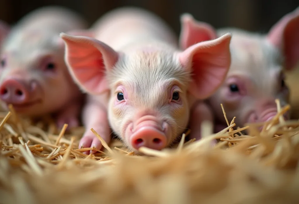 Leitões recém-nascidos em ambiente limpo e aquecido.