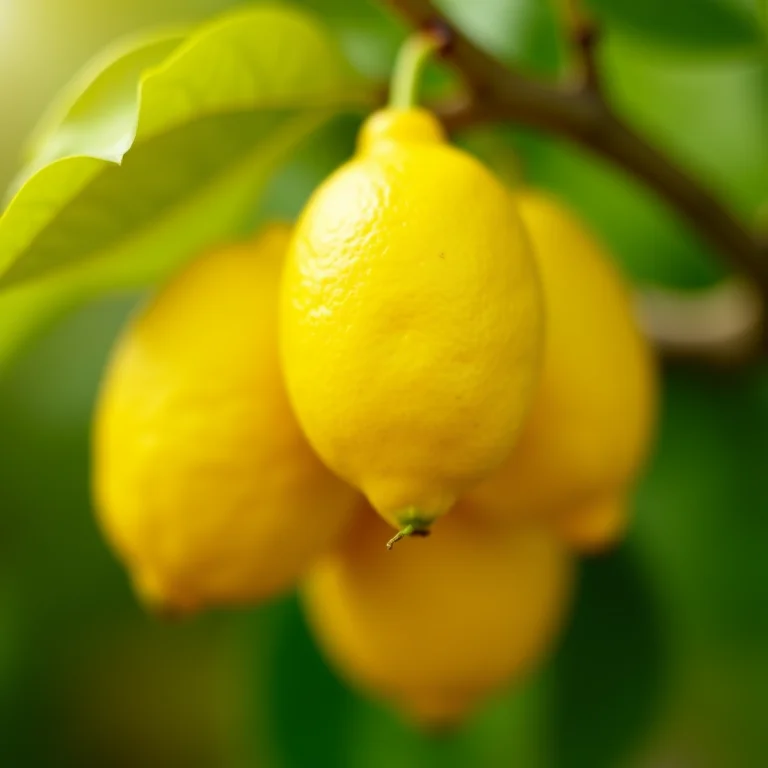 Limões amarelos maduros pendurados em um galho.