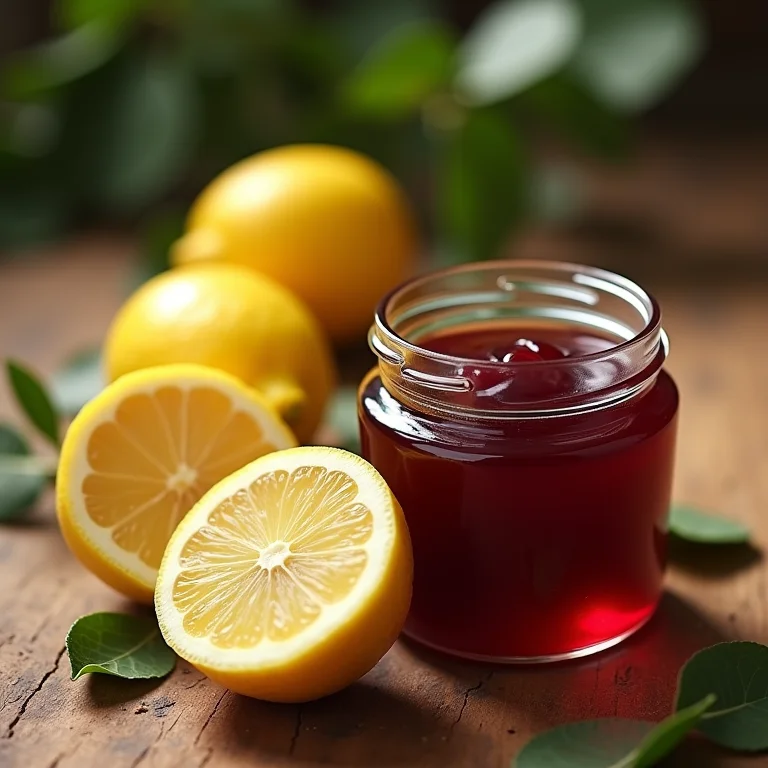 Limões e geleia de uva em mesa rústica.