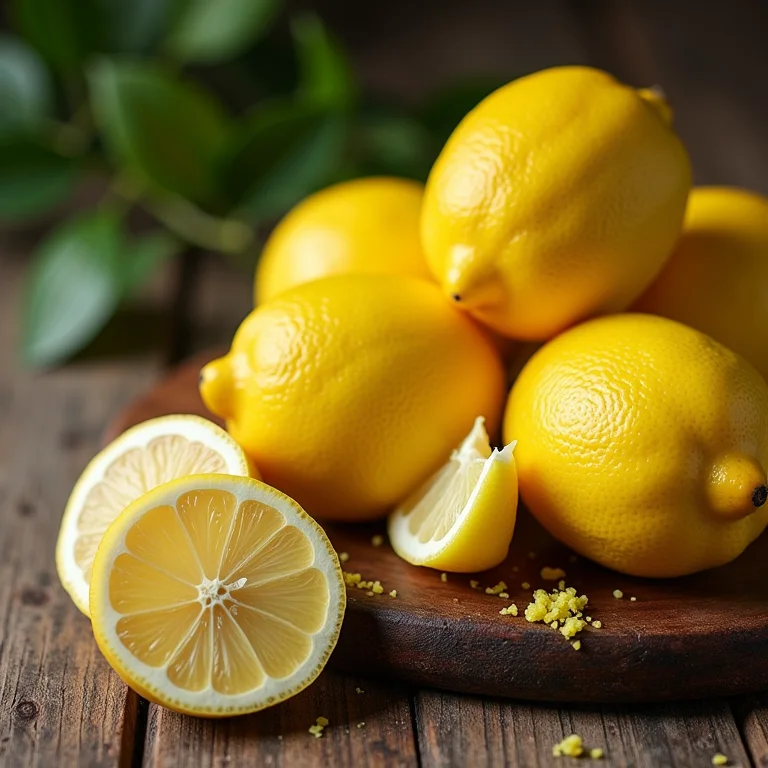 Limões frescos sobre mesa de madeira rústica.