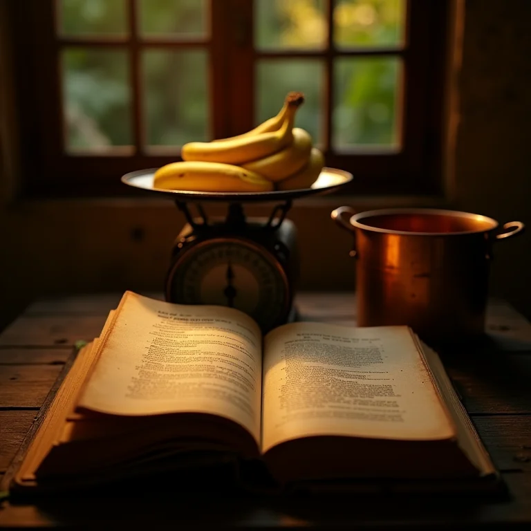 Livro de receitas antigo aberto na página de banana flambada, mostrando a origem da delícia.