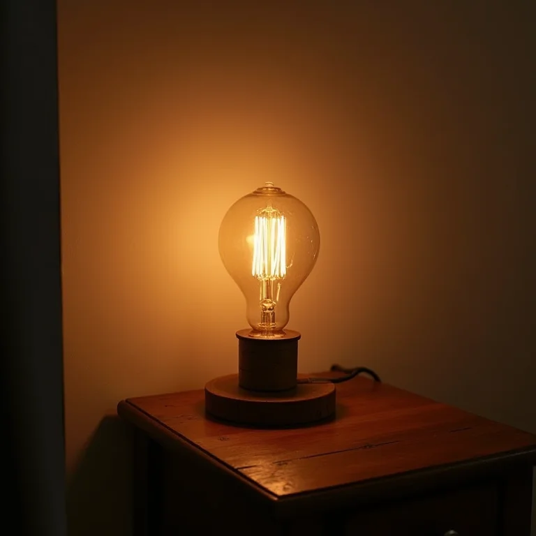 Luminária com lâmpada Edison em mesa de madeira rústica, criando iluminação aconchegante.